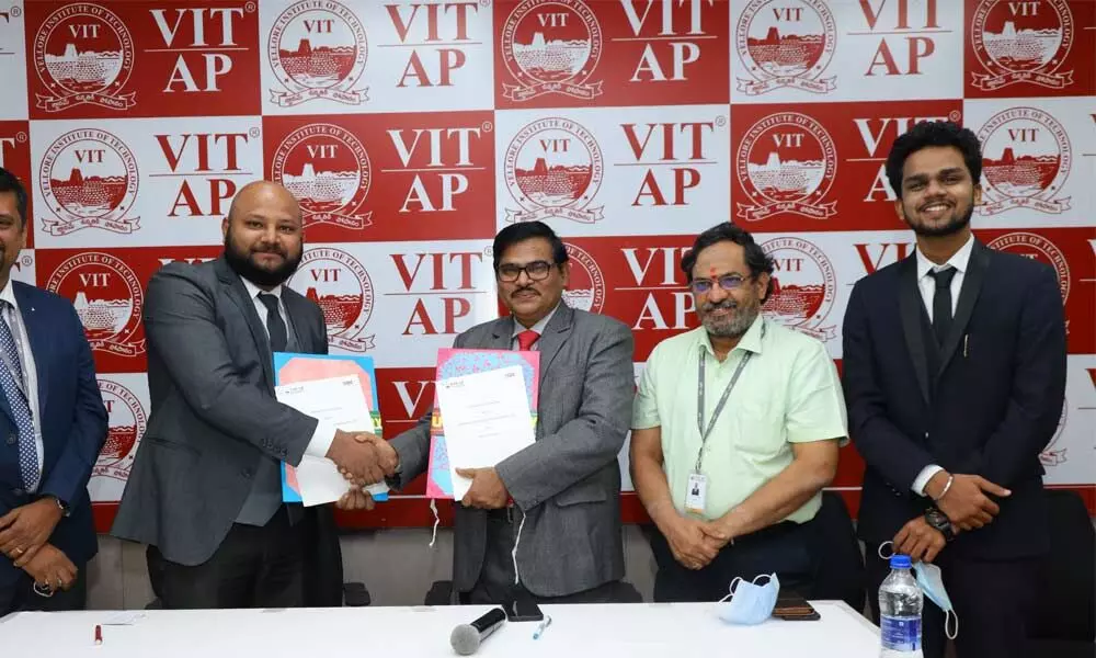 The officials of VIT-AP and ISDC exchanging MoU at the varsity in Amaravati on Wednesday