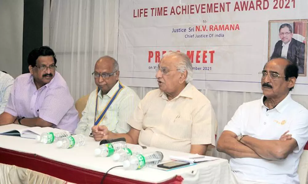 Award Committee convener Dr K Pattabhi Ramaiah, Prof MC Das and others at a press meet in Vijayawada on Wednesday