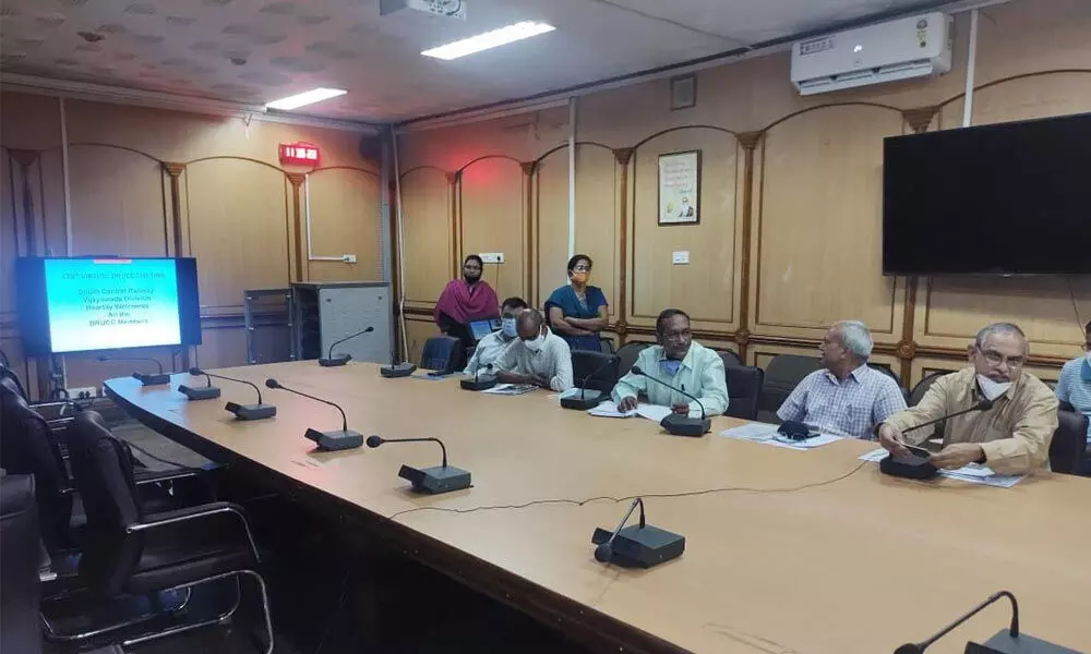 SCR Vijayawada Division Divisional Commercial Manager K Rajendra Prasad speaking at 129th Divisional Rail Users Consultative Committee meeting through virtual conference in Vijayawada on Wednesday