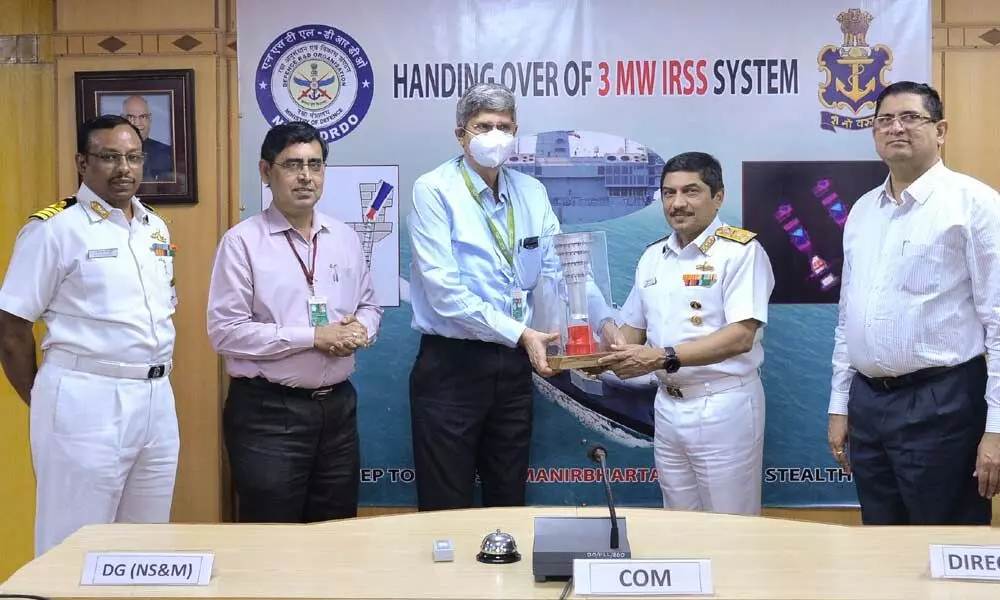 IRSS being handed over by Dr Samir V Kamat to Vice Admiral Sandeep Naithani in Visakhapatnam on Wednesday