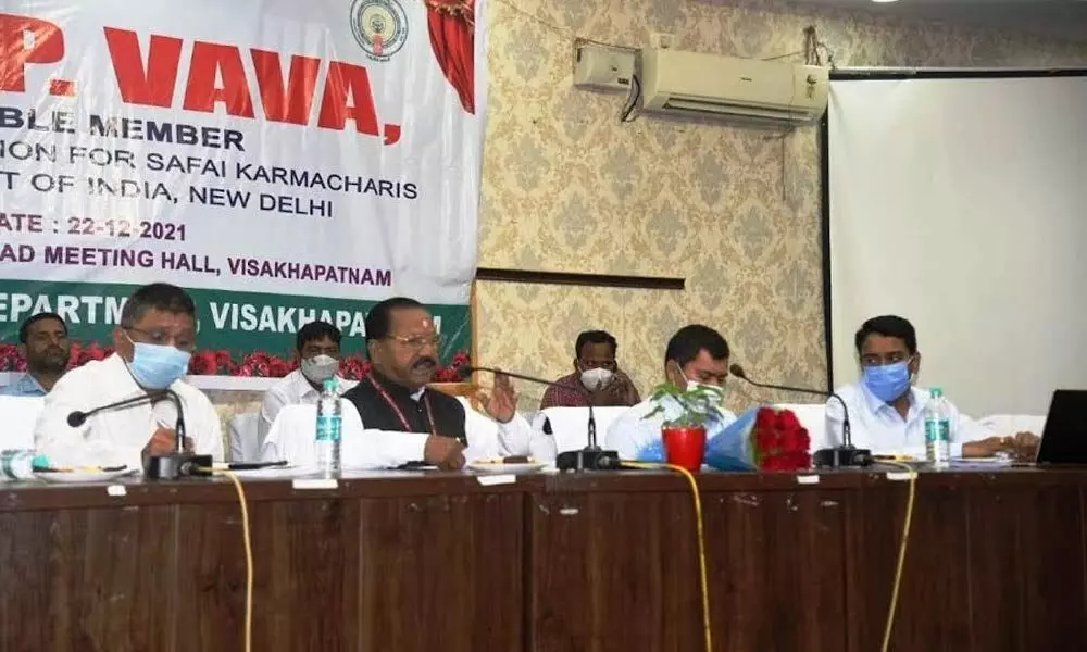 Member of the National Commission for Safai Karmacharis PP Vava addressing a meeting in Visakhapatnam on Wednesday