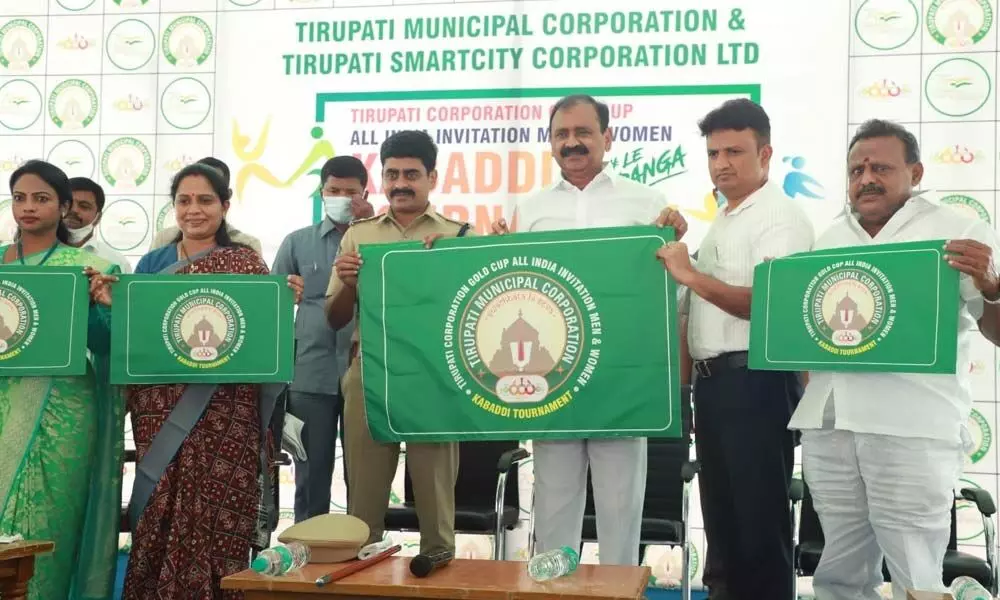 MLA B Karunakar Reddy, Commissioner P S Girisha, Urban SP Ch Venkata Appala Naidu and Mayor Dr R Sirisha launching the Kabaddi tournament logo in Tirupati on Wednesday