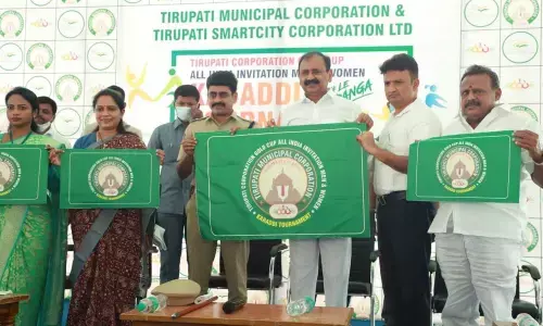 MLA B Karunakar Reddy, Commissioner P S Girisha, Urban SP Ch Venkata Appala Naidu and Mayor Dr R Sirisha launching the Kabaddi tournament logo in Tirupati on Wednesday