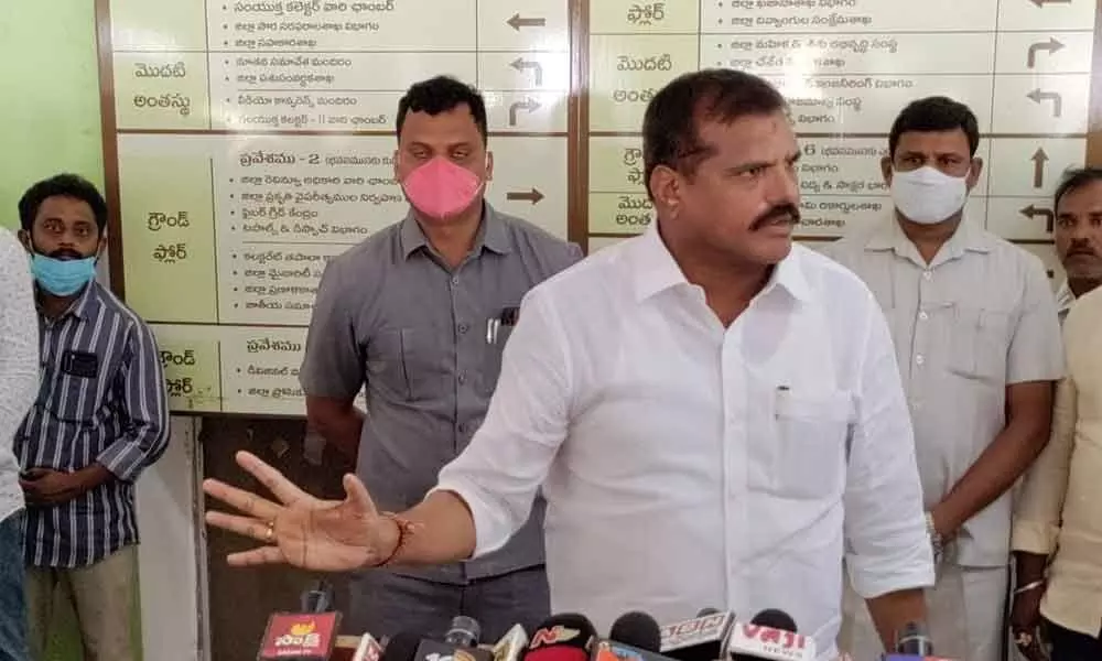 Minister Botcha Satyanarayana addressing the media in Vizianagaram on Thursday