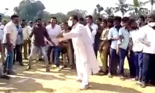 AP assembly speaker Tammineni Sitaram falls down while playing Kabbadi in Srikakulam