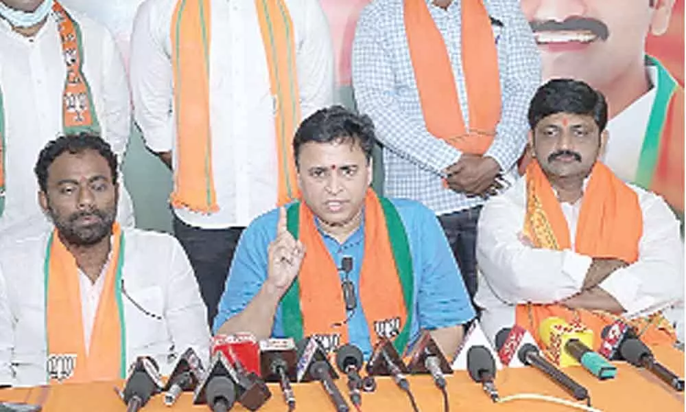 BJP AP co-in-charge Sunil Deodhar speaking to media in Ongole on Friday