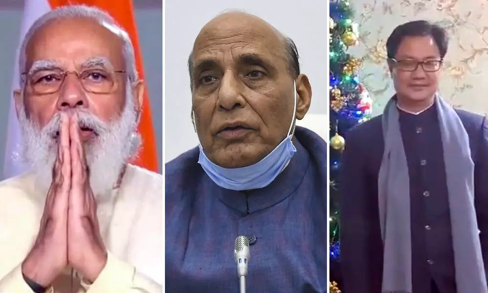 Narendra Modi, Rajnath Singh and Minister Kiren Rijiju