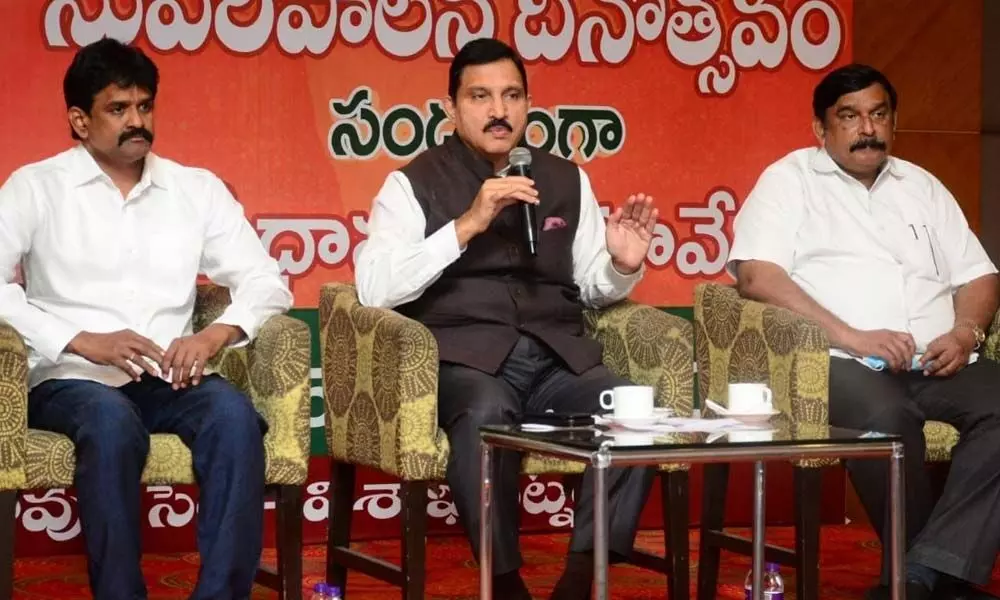 BJP MP Y Sujana Chowdary addressing a press conference in Visakhapatnam on Saturday