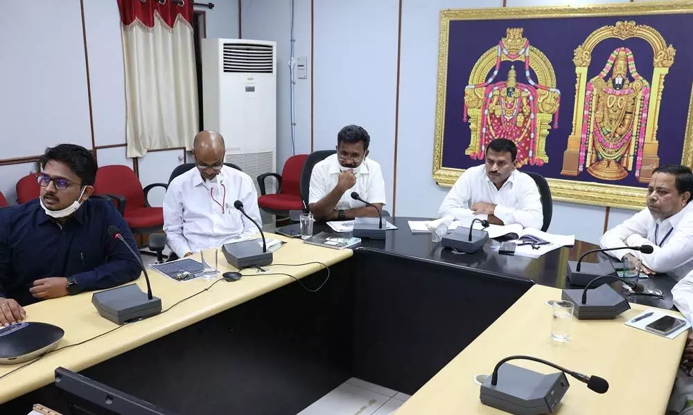 TTD JEO V Veerabrahmam and other officials participating in the virtual meeting held by EO Dr K S Jawahar Reddy on Saturday