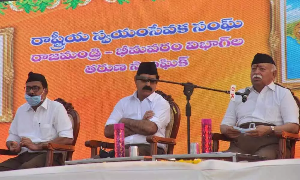 RSS chief Mohan Bhagwat addressing a meeting in Palakole on Sunday