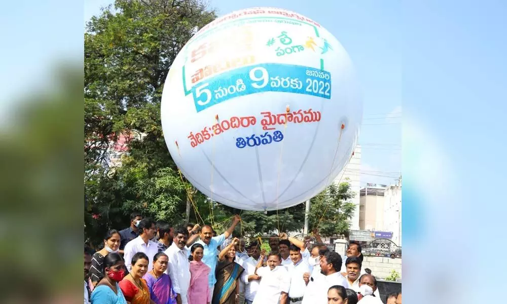 MLA Bhumana Karunakar Reddy, Commissioner P S Girisha, Mayor Sirisha and others unveiling the Kabaddi tourneys sky balloon in Tirupati on Monday.