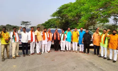BJP leaders on their way to join a protest in Hyderabad, in Nizamabad on Monday