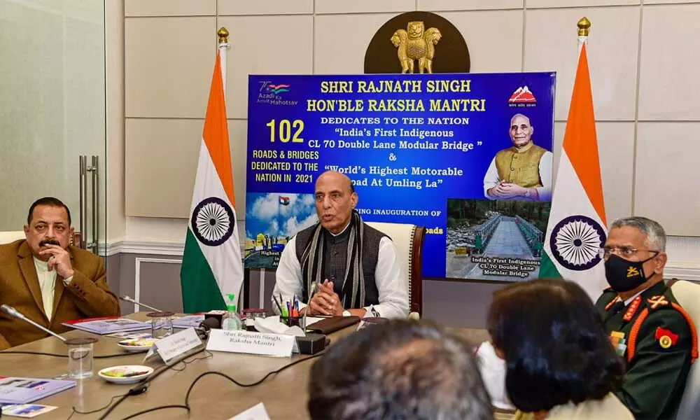 Union Defence Minister Rajnath Singh virtually dedicates to the nation 102 roads and bridges, made by Border Road Organisation, at South Block, New Delhi on Tuesday