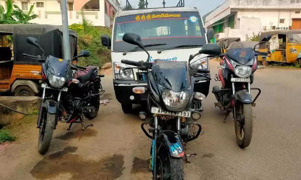 The two-wheelers and a four-wheeler seized by the SEB personnel for transporting dry ganja in Visakhapatnam on Wednesday