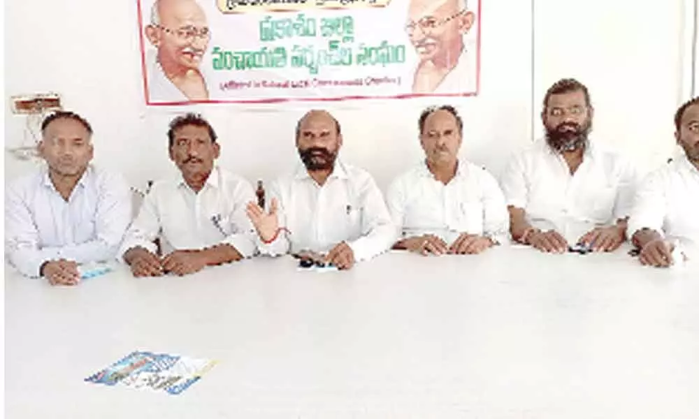 Prakasam District Panchayat Sarpanches Association members speaking at a press meet in Ongole on Wednesday
