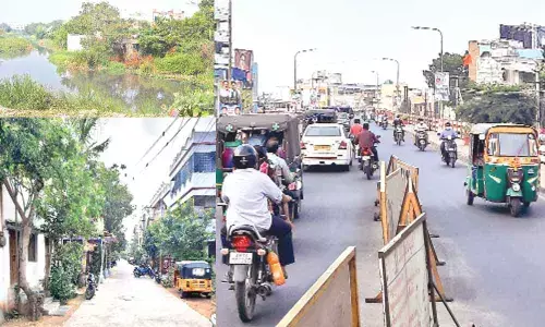 Houses close to Budameru drain; Flyover bridge in Ramakrishna Puram; CC road in RK Puram