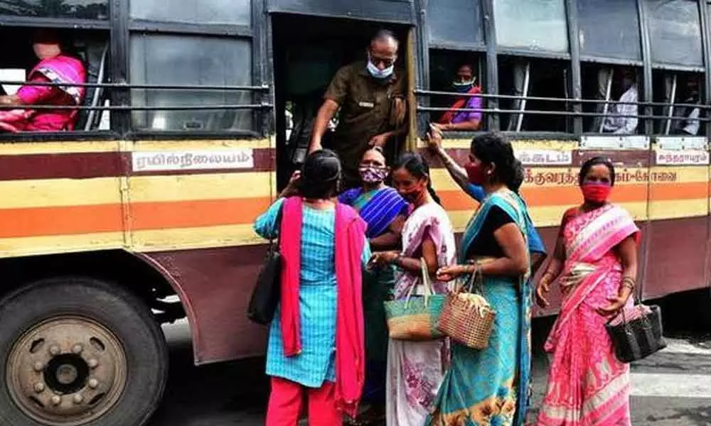 “In buses, the first half of the seats shall be earmarked for women, and the front exit/entrance shall be used only by women,” the draft Tamil Nadu State New Policy for Women 2021 said. | Photo Credit: The Hindu