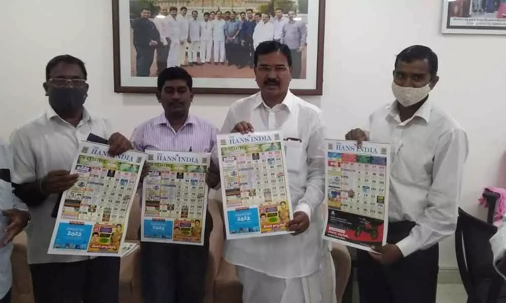 Agriculture Minister Singireddy Niranjan Reddy releasing the Hans India calandar on Thursday