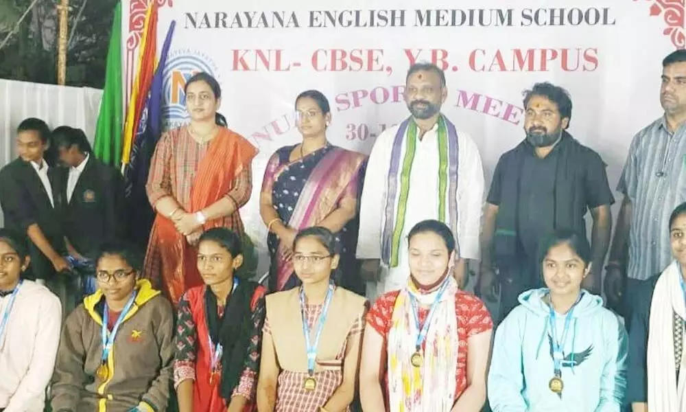 Mayor B Y Ramaiah participating in the annual sports and games meet organised by the Narayana School in Kurnool on Thursday. School AGM Ramesh Kumar and others are also seen.