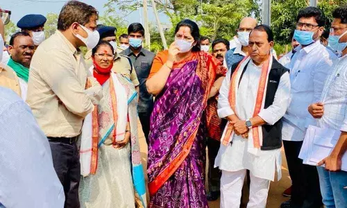 Minister for Tribal Welfare Satyavathi Rathod and Minister for Endowments A Indrakaran Reddy inspecting jatara works at Medaram on Thursday