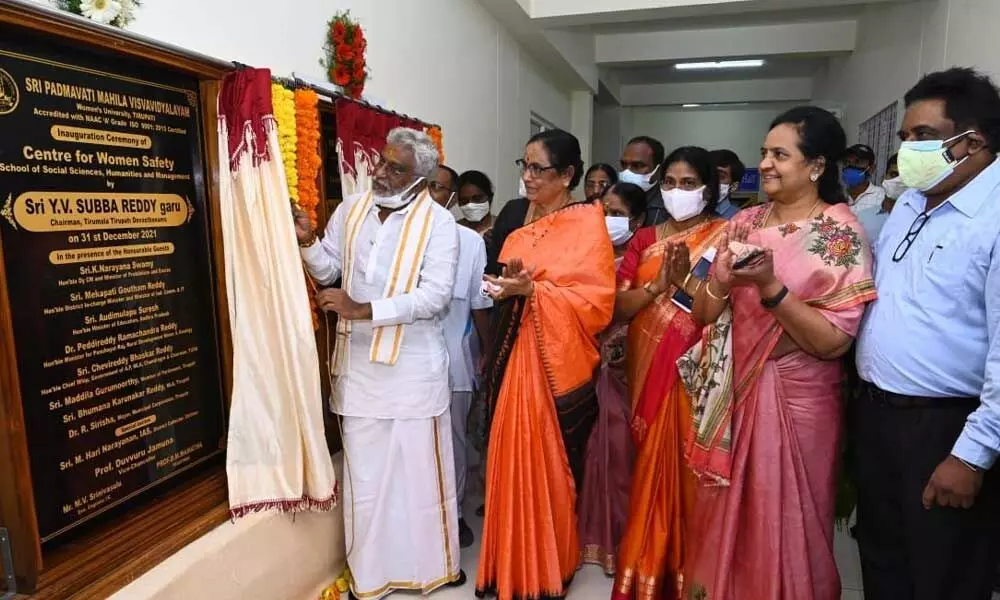TTD Chairman Y V Subba Reddy unveiling the plaque of Centre for Women Safety at SPMVV on Friday. Vice-Chancellor  Prof D Jamuna, Registrar Prof DM Mamatha and others are seen.