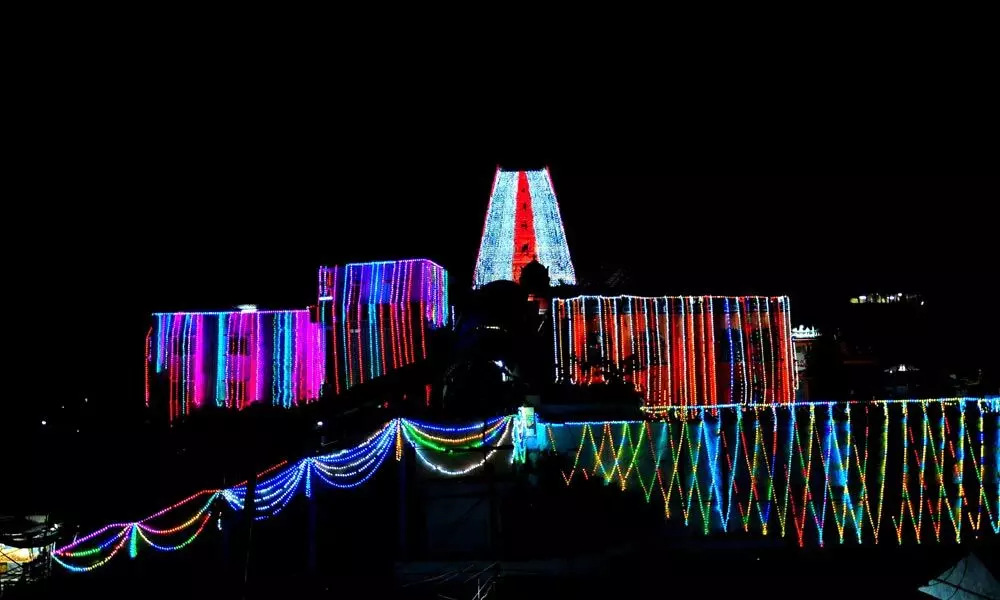 Lord Rama temple illuminating on the eve of Mukkoti festival  in Bhadrachalam on Sunday