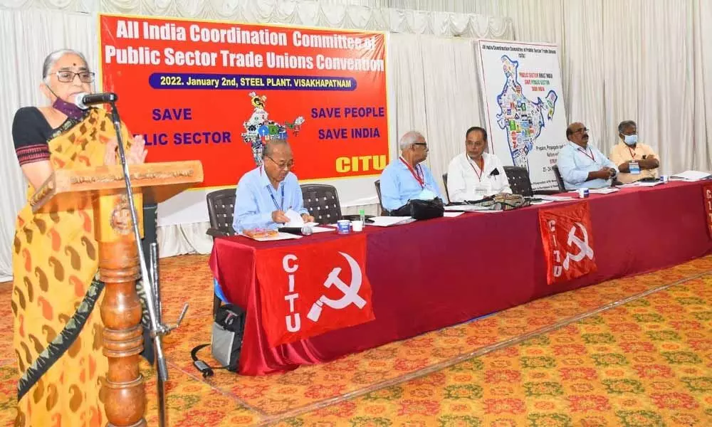 CITU All India president K Hemalatha speaking at the All-India Central Public Sector Coordination Committee meeting in Visakhapatnam on Sunday