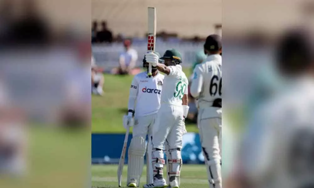 Bangladeshs Najmul Hossain Shanto celebrates 50 runs during Day Two of the first Test against New Zealand at Bay Oval in Mount Maunganui, New Zealand on Sunday