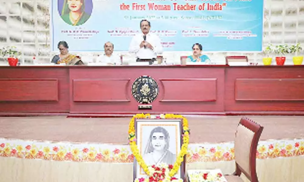 JNTU-K Vice-Chancellor Prof GVR Prasad Raju speaking at a programme on the birth anniversary of Savitribai Phule at the varsity campus in Kakinada on Monday