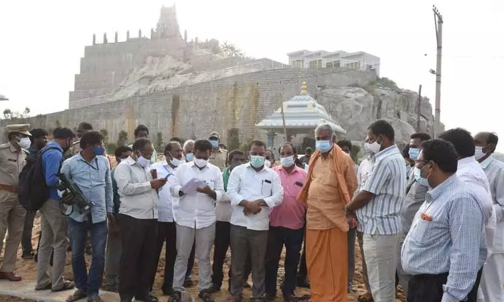 Minister for  Panchayat Raj and Rural Development Peddireddi Ramachandra Reddy inspecting the ongoing works at Vakulamatha temple near Tirupati on Monday