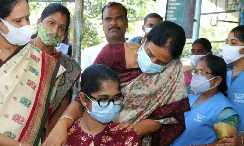 Education Minister Sabitha Indra Reddy at the vaccination centre in Balapur on Monday