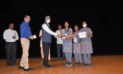 Dr Samir V Kamat along with Dr Y Sreenivas Rao and J Srinivasa Rao, Ramanath Secondary School principal presenting prizes to the winners in Visakhapatnam on Monday