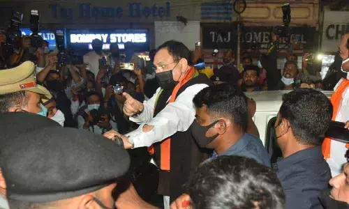 BJP national president JP Nadda participate in a protest rally against the arrest of State BJP president Bandi Sanjay from Mahatma Gandhi Statue to Paradise Crossroads in Secunderabad on Tuesday. Photo: Adula Krishna