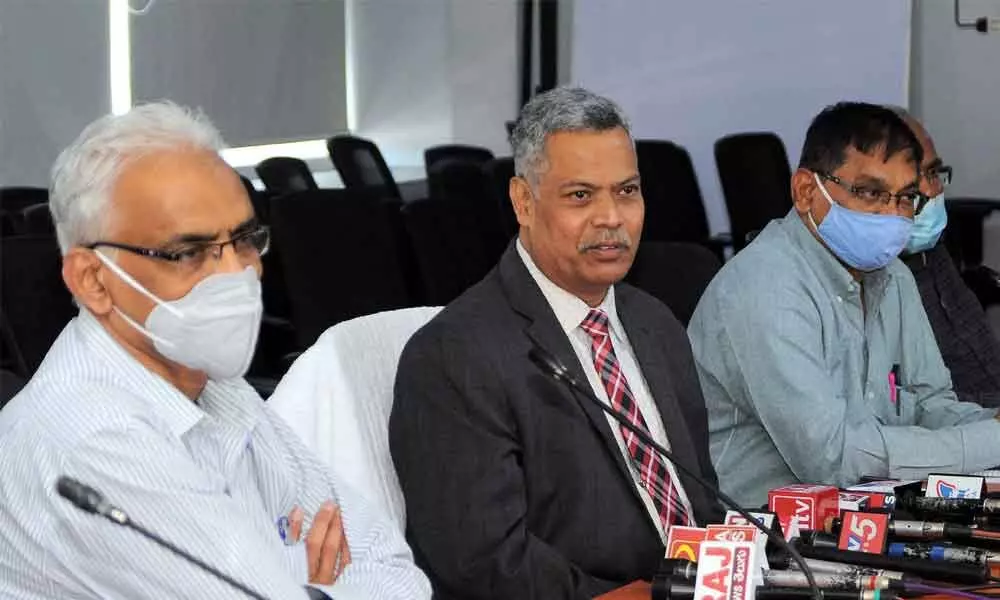 APSRTC vice-chairman and managing director  Ch Dwaraka Tirumaka Rao along with other officials addressing a press conference at RTC Bhavan in Vijayawada on Thursday