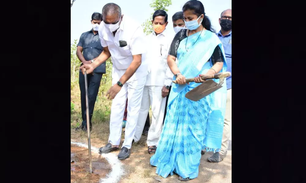 Mayor Y Sunil Rao laying the foundation stone for a walking track in Karimnagar on Thursday