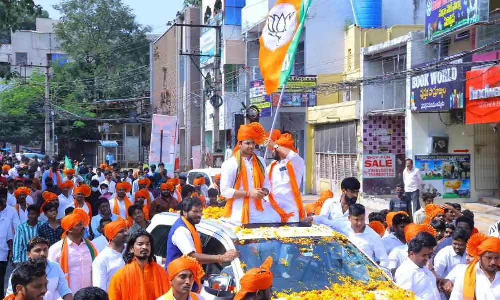BJYM national president Tejasvi Surya takes part in Azadi ka Amrit Mahotsav rally in Tirupati on Thursday