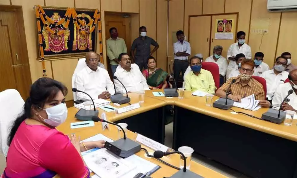 AP State ST Commission Chairman Dr Kumba Ravibabu discussing with officials over the implementation of rule of reservation in TTD, at Sri Padmavathi Rest House in Tirupati on Thursday. Deputy Chief Minister K Narayana Swamy and TTD JEO Sadabhargavi are also seen