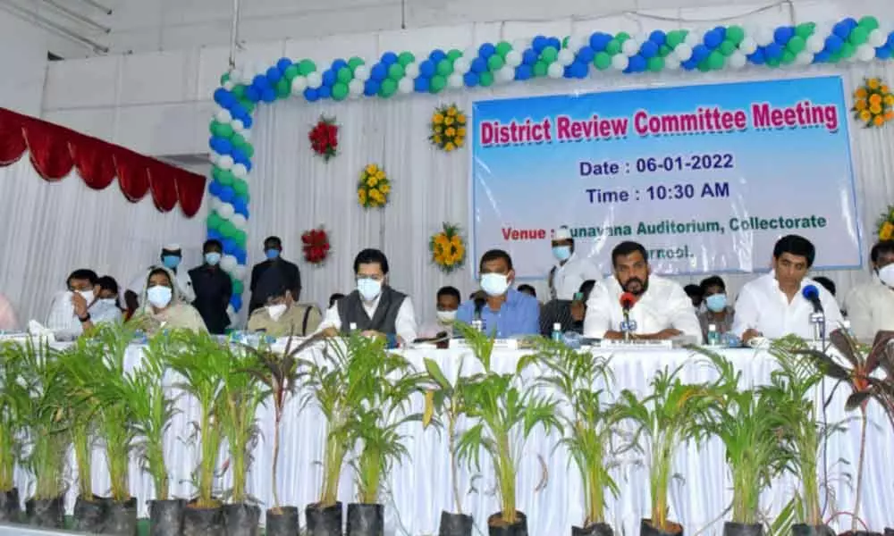 Irrigation Minister and district in-charge Minister Dr P Anil Kumar Yadav  addressing the District Review Committee meeting at Sunaina Auditorium in Kurnool on Thursday. Ministers Buggana Rajendranath Reddy and Gummanaur Jayaram and District Collector P Koteshwara Rao are also seen