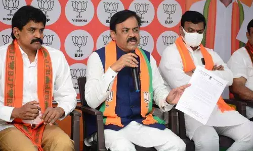 BJP Rajya Sabha member GVL Narasimha Rao speaking to the media in Visakhapatnam on Thursday