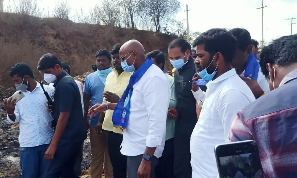State BSP chief coordinator and former IPS officer RS Praveen Kumar inspecting the dumping yard at Solipur village in Shadnagar on Friday
