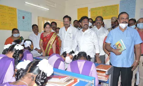 Minister for Education Adimulapu Suresh and MLA Bolla Brahma Naidu at Kasturba Gandhi Balika Vidyalayam in Vinukonda on Friday
