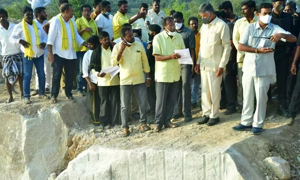 TDP Chief N Chandrababu Naidu visiting the quarries at Bandapalli in Santhipuram mandal of Kuppam constituency on Saturday