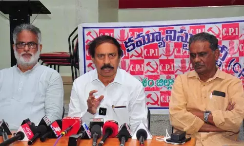 CPI state secretary K Ramakrishna speaking at a press meet in Ongole on Saturday