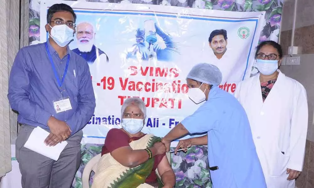 SVIMS  Director Dr  B Vengamma taking the precaution dose of Covid vaccine in Tirupati on Monday