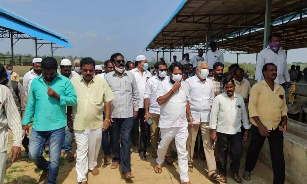 TDP leaders N Amarnath Reddy, Pulivarthy Nani and others at TTD Goshala in Palamaner on Monday