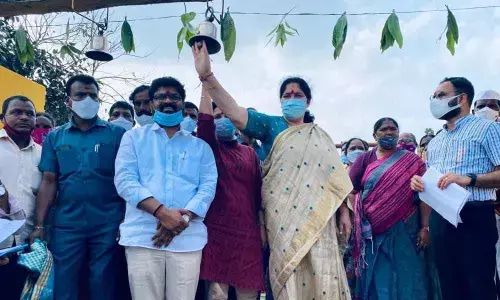 Minister for Tribal Welfare Satyavathi Rathod at a temple in Mahabubabad district on Monday