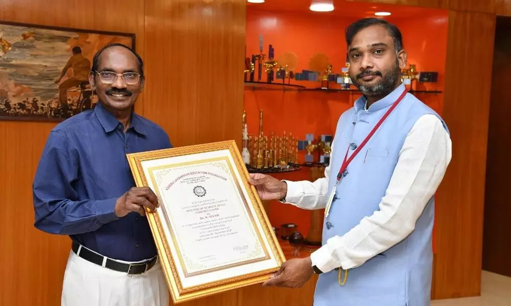 Dr Sivan, Chairman, ISRO receiving his honorary doctorate degree from Dr K Sarat Kumar,  Director of Research, KL (Deemed-to-be University), in Bangalore