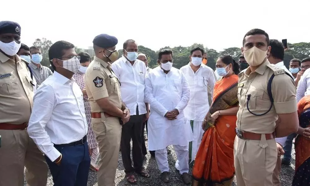Home Minister Mekathoti Sucharitha and district in-charge Minister Cherakuvada Sri Ranganadha Raju inspecting arrangements for the CM’s visit at Police Parade Grounds in Guntur on Tuesday