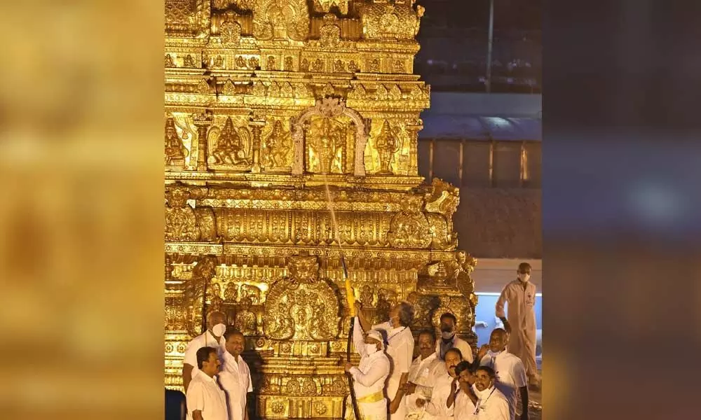 TTD Additional EO A V Dharma Reddy and others taking part in Koil Alwar Tirumanjanam at Tirumala on Tuesday