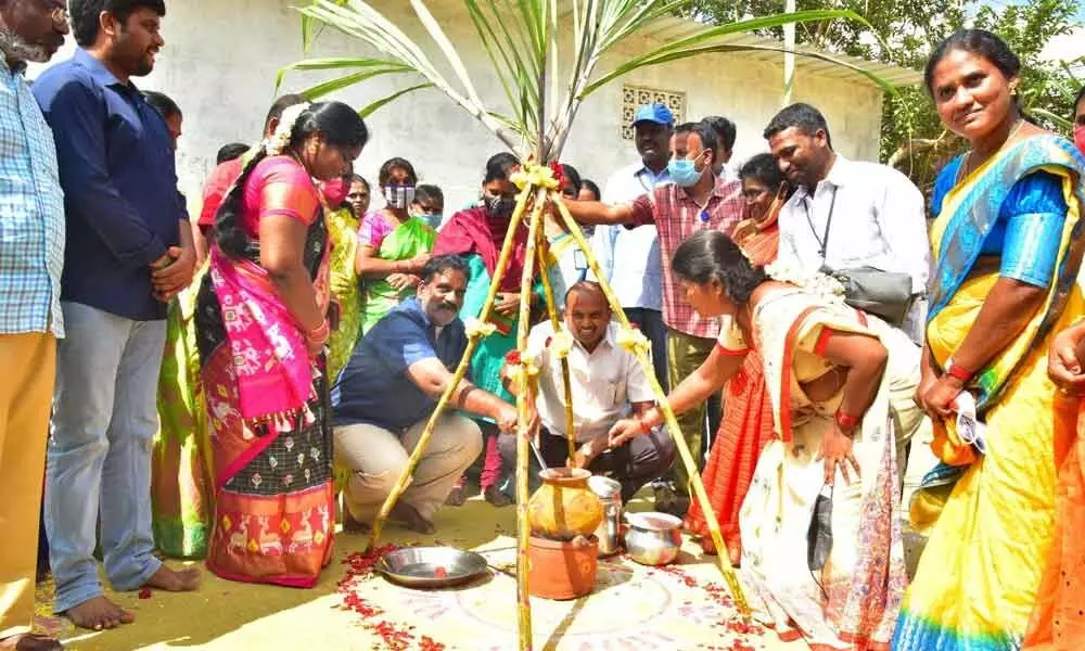 Members of Rashtriya Seva Samithi (RASS) taking part in celebrations ahead of Sankranti in Chandragiri on Tuesday
